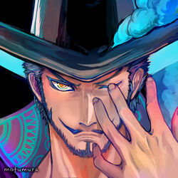  1boy black_hair dracule_mihawk hat jippei male male_focus one_piece shichibukai solo yellow_eyes 