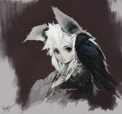  animal_ears bird braid brown_eyes commentary crow female long_hair original photoshop_(medium) ray_(shenchunhui) solo symbol-only_commentary twin_braids upper_body white_hair 