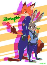  2016 abstract_background anthro back_to_back canid canine clothed clothing dipstick_tail disney duo female fox fur gloves_(marking) green_eyes hand_on_hip holding_object judy_hopps lagomorph leporid looking_at_viewer looking_back male mammal markings multicolored_tail nick_wilde police police_uniform purple_eyes rabbit red_fox size_difference standing tail tail_markings true_fox uniform yagi_(artist) zootopia 