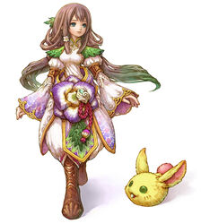  artist_request bad_link brown_hair concept_art female flower green_eyes long_hair official_art oversized_object rabite_(seiken_densetsu) ritzia seiken_densetsu seiken_densetsu_4 simple_background solo very_long_hair 