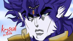  16:9 2016 angry anthro blue_body blue_eyes blue_skin canid canine character_name cosplay crossover ear_piercing ear_ring english_text eyebrows facial_tuft fox ftm_crossgender humor jewelry jojo&#039;s_bizarre_adventure krystal_(star_fox) looking_at_viewer male mammal manly meme nintendo piercing red_text ring_piercing rule_63 shaded simple_background solo source_request star_fox stare strikethrough text tuft unavailable_at_source voltagesys what widescreen 