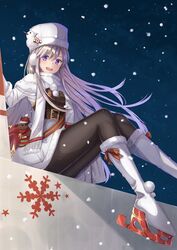  azur_lane belt black_belt black_pantyhose blush christmas coat commentary_request earmuffs enterprise_(azur_lane) enterprise_(reindeer_master)_(azur_lane) female floating_hair from_below gloves grey_hair hat highres long_hair looking_at_viewer night night_sky official_alternate_costume open_mouth pantyhose pom_pom_(clothes) protected_link purple_eyes rurukuru scarf sitting skates sky smile snowflake_print snowing solo stuffed_deer underbust white_footwear white_gloves white_hat white_scarf winter winter_clothes winter_coat 