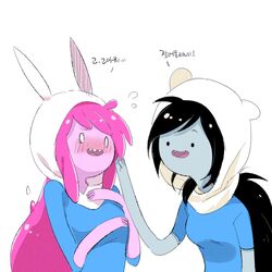  2girls 6_(yuchae) adventure_time bite_mark black_hair blush colored_skin commentary_request cosplay fangs finn_the_human finn_the_human_(cosplay) grey_skin hood korean_text long_hair marceline_abadeer multiple_girls o_o official_style pink_hair pink_skin princess_bonnibel_bubblegum translation_request 