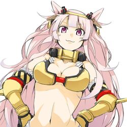  :3 bare_shoulders breasts cleavage drag_shovel_(ole_tower) female gauntlets hands_on_hips headgear large_breasts long_hair looking_at_viewer manabebebe mini_excavator_(ole_tower) navel no_bra ole_tower pink_eyes pink_hair simple_background smile solo very_long_hair white_background 