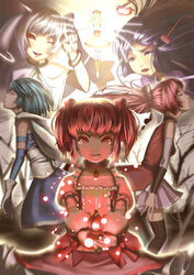  5girls akemi_homura akemi_homura_(magical_girl) black_hair blue_hair cape closed_eyes commentary_request glasses inoi kaname_madoka kaname_madoka_(magical_girl) kyuubee long_hair magical_girl mahou_shoujo_madoka_magica mahou_shoujo_madoka_magica_(anime) miki_sayaka miki_sayaka_(magical_girl) multiple_girls personification photoshop_(medium) pink_eyes pink_hair ponytail red-framed_eyewear red_hair sakura_kyoko sakura_kyoko_(magical_girl) short_hair short_twintails soul_gem tears thighhighs tomoe_mami tomoe_mami_(magical_girl) twintails 