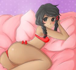  artist_request ass bed black_eyes black_hair bow bow_panties bra braid dark-skinned_female dark_skin female hair_ornament hairclip katawa_shoujo long_hair looking_back lying molly_kapur on_bed panties pillow red_bra red_panties smile solo twin_braids underwear underwear_only 