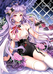  angel angel_wings arm_support arm_up artist_name black_bow blush borrowed_character bow breasts commentary commission crescent_moon crescent_moon_earrings curtains dated earrings eyebrows_visible_through_hair female fingernails flower garter_straps gold hairbow halo heart highres jewelry lavender_hair leaf ling_(doraling12) long_hair looking_at_viewer medium_breasts moon nail_polish necklace original over-kneehighs pink_eyes pink_flower pink_nails sidelocks sitting sleeveless smile solo thighhighs very_long_hair white_legwear white_wings wings wrist_cuffs yokozuwari 