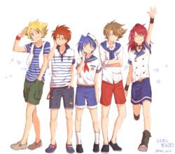  5boys ahoge bad_id bad_pixiv_id banchii blonde_hair blue_eyes blue_hair brown_hair cardfight!!_vanguard choker full_body green_eyes hat highres ishida_naoki jewelry kai_toshiki male_focus miwa_taishi multiple_boys necklace one_eye_closed orange_hair red_hair sailor_collar sailor_hat sendou_aichi shirt shorts sleeves_rolled_up suzugamori_ren sweater_around_neck vest wristband 