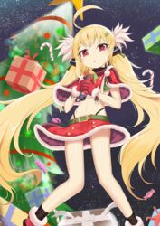  :o absurdres ahoge ass_visible_through_thighs azur_lane bare_legs belt black_panties blonde_hair candy candy_cane capelet christmas christmas_tree commentary_request denkouseka_akaiken eldridge_(azur_lane) eldridge_(holy_night&#039;s_embrace)_(azur_lane) female food fur_trim gift hair_ornament highleg highleg_panties highres long_hair looking_at_viewer midriff miniskirt navel official_alternate_costume panties pentagram pentagram_hair_ornament red_eyes red_skirt skirt snowing solo standing star_(symbol) star_hair_ornament twintails underwear very_long_hair wind wind_lift 