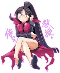  :o bare_legs black_footwear black_hair black_skirt breasts breasts_squeezed_together coat commentary_request cosplay crossed_legs disgaea female glasses high_ponytail invisible_chair large_breasts legs long_hair looking_at_viewer miniskirt open_mouth pencil_skirt ponytail professor_(disgaea) professor_(disgaea)_(cosplay) red_eyes red_shirt ronin_(disgaea) shirt shoes sitting skirt solo takura_mahiro white_background wide_ponytail 