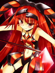  aka_no_ripika bad_id bad_pixiv_id bare_shoulders beatmania_iidx bemani blush female hair_ornament long_hair modeldd6 navel photoshop_(medium) red_eyes red_hair smile solo very_long_hair 