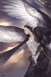  black_hair closed_eyes commentary feathered_wings female from_side hair_ornament highres large_wings multiple_wings original photoshop_(medium) profile ray_(shenchunhui) realistic signature solo symbol-only_commentary wings 