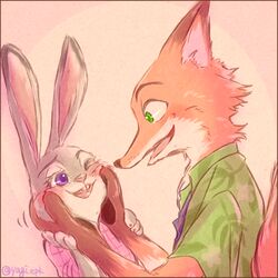  1:1 2016 anthro buckteeth canid canine clothed clothing disney duo female fox fur gloves_(marking) green_eyes head_on_hand judy_hopps lagomorph leporid male mammal markings necktie nick_wilde one_eye_closed open_mouth open_smile purple_eyes rabbit red_fox shirt simple_background size_difference smile teeth topwear true_fox yagi_(artist) zootopia 