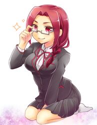  adjusting_eyewear bad_id bad_pixiv_id braid breasts cardfight!!_vanguard female glasses hair_over_shoulder large_breasts long_hair nagashiro_maki pleated_skirt red_eyes red_hair ribbon school_uniform single_braid sitting skirt smile socks solo sparkle ssk_sasasa wariza white_socks 