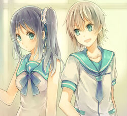  1boy bad_id bad_pixiv_id blue_eyes blue_hair dress eruria female grey_hair hiradaira_chisaki isaki_kaname long_hair nagi_no_asukara nami_junior_high_school_uniform sailor_dress school_uniform serafuku short_hair side_ponytail 