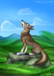  2016 canid canine canis cloud digital_media_(artwork) feral hi_res howl kekpafrany mammal outside rock solo wolf 