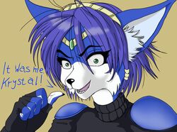  5_fingers anthro black_nails blue_body blue_skin blue_text canid canine clothed clothing colored_nails cosplay dialogue english_text eyebrows facial_tuft female fingers fox gesture green_eyes hair hand_gesture headgear hi_res humor inner_ear_fluff insane it_was_me_dio jojo&#039;s_bizarre_adventure jojo_quote krystal_(star_fox) looking_at_viewer mammal meme messy_hair nails name_drop name_in_dialogue nintendo pointing pointing_at_self simple_background solo source_request star_fox teeth text tuft unavailable_at_source voltagesys what 