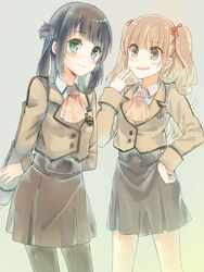  2girls bad_id bad_pixiv_id black_hair blue_eyes brown_eyes brown_hair eruria folded_hair hair_rings hisanuma_sayu long_hair mihama_junior_high_school_uniform multiple_girls nagi_no_asukara pantyhose school_uniform shiodome_miuna twintails two_side_up 