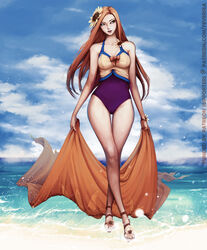  absurdres bare_legs beach bracelet breasts brown_eyes brown_hair cameltoe cleavage cloud crossed_legs day female feversea flower full_body hair_flower hair_ornament highres jewelry league_of_legends leona_(league_of_legends) long_hair long_legs medium_breasts one-piece_swimsuit outdoors pool_party_(league_of_legends) pool_party_leona purple_one-piece_swimsuit sandals sarong smile solo standing sunflower swimsuit unworn_sarong 