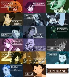  6+boys 6+girls atom_(tetsuwan_atom) baccano! black_jack_(character) character_name character_request commentary_request creator_connection dororo_(character) dororo_(tezuka) ham_egg hyakkimaru_(dororo) kenichi_(tezuka_osamu) kiriko_(black_jack) long_sideburns melmo merumo multicolored_hair multiple_boys multiple_girls non_(kaos) parody pinoko princess_sapphire rainbow_parakeet rainbow_parakeet_(character) rock_(tezuka_osamu) sharaku_hosuke sideburns star_system stylus tetsuwan_atom toppei triton two-tone_hair umi_no_triton wato_chiyoko 