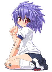  alternate_costume altines bad_id bad_pixiv_id bandaid bandaid_on_arm black_buruma blush buruma busou_shinki dd_(ijigendd) doll_joints female gym_uniform joints messy_hair purple_hair red_eyes seiza short_hair sitting socks solo 