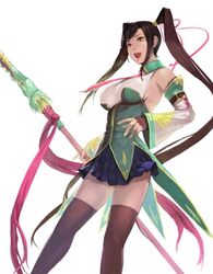  asymmetrical_hair bad_id bad_twitter_id breasts brown_hair chinese_clothes commentary_request detached_sleeves female fingerless_gloves gloves kan&#039;u_(koihime_musou) koihime_musou large_breasts lips long_hair open_mouth polearm skirt solo tailcoat take_no_ko_(dodon) thighhighs twintails uneven_twintails very_long_hair weapon yellow_eyes 