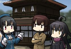  3girls ahoge ascot beret coat commentary dated flag ginkaku-ji gloves hamu_koutarou hat hyuuga_(kancolle) kantai_collection kyoto long_hair medium_hair mikazuki_(kancolle) military military_uniform multiple_girls overcoat scarf short_hair takao_(kancolle) temple turtleneck uniform white_gloves 