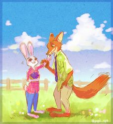  2016 anthro arm_grab barefoot border bottomwear canid canine clothed clothing disney duo eating feet female fence fox fur green_eyes hand_in_pocket holding_object inner_ear_fluff judy_hopps lagomorph leporid male mammal necktie nick_wilde open_mouth open_smile outside pants pockets purple_eyes rabbit raised_arm red_fox shirt size_difference smile topwear true_fox tuft yagi_(artist) zootopia 