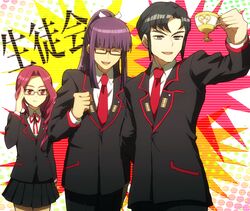  2boys adjusting_eyewear akasata black_hair blazer braid cardfight!!_vanguard closed_eyes commentary_request cup female glasses jacket long_hair multiple_boys nagashiro_maki naitou_tatewaki necktie open_mouth pleated_skirt ponytail purple_eyes purple_hair red_eyes red_hair ribbon school_uniform short_hair side_braid single_braid skirt suwabe_itsuki teacup 