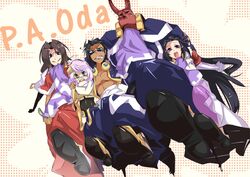  2girls 3boys absurdres black_hair blue_eyes bodysuit brown_hair commentary_request dark_skin fuwa_mitsuharu glasses green_eyes grin highres horns kyoukaisenjou_no_horizon long_hair maeda_toshiie_(horizon) msg01 multiple_boys multiple_girls oichi_(horizon) photoshop_(medium) purple_eyes purple_hair sassa_narimasa shibata_katsuie_(horizon) short_hair smile 