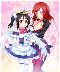  2girls absurdres angel angel_wings black_hair bow bowtie brooch commentary_request cosplay feathered_wings frills gradient_background halo highres jewelry kamisama_to_unmei_(series) kamisama_to_unmei_kakumei_no_paradox love_live! love_live!_school_idol_project multiple_girls nishikino_maki pants pile_(voice_actor) pink_background purple_eyes red_eyes red_hair renzuka_frunetti renzuka_frunetti_(cosplay) saotome_liliel saotome_liliel_(cosplay) short_hair skirt smile thighhighs tokui_sora voice_actor_connection white_thighhighs white_wings wings wrist_cuffs yazawa_nico yellow_background yosaku_(roach) 