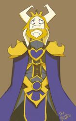  alternate_universe anthro armor asgore_dreemurr beard better_version_at_source boss_monster_(undertale) bovid cape caprine clothed clothing crown facial_hair fangs fantasytale fur hair headgear hi_res horn male mammal simple_background solo teeth theatomicpumpkin undertale undertale_(series) 