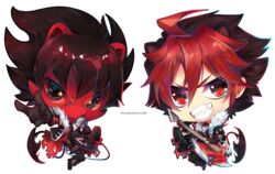  1boy animal_ears black_hair chibi commentary_request crow_(show_by_rock!!) dual_persona dyed_bangs full_body guitar instrument male_focus microphone multicolored_hair red_eyes red_hair sebychu show_by_rock!! solo tail transparent_background two-tone_hair 