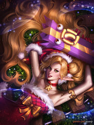  alternate_hair_color ambitious_elf_jinx ayyasap blonde_hair choker christmas christmas_tree female freckles fur_trim gloves jinx_(league_of_legends) league_of_legends lipstick long_hair pointy_ears red_choker red_hat santa_costume santa_hat very_long_hair 