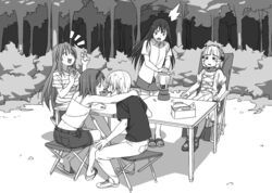  1boy 4girls arm_around_neck bagel blender_(object) chair commentary_request doughnut drill_hair eating food forest gokukoku_no_brynhildr greyscale hairband hand_on_another&#039;s_shoulder happy kazumi_schlierenzauer kinosuke_(sositeimanoga) kuroha_neko lolita_fashion long_hair maid_headdress monochrome mouth_hold multiple_girls murakami_ryouta nature outdoors paralysis pastry_box sandals shadow shared_food shirt shoes skirt stool striped_clothes striped_shirt sweatdrop table tachibana_kana takatori_kotori takeout_container tears 