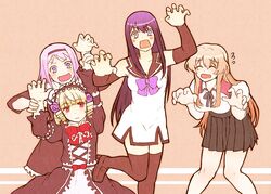  4girls :d :o ^_^ bad_id bad_pixiv_id bare_shoulders blonde_hair bow breasts claw_pose cleavage closed_eyes commentary_request dancing detached_sleeves flower gokukoku_no_brynhildr hair_flower hair_ornament hairband hands_on_another&#039;s_wrists kazumi_schlierenzauer kuroha_neko large_breasts lolita_fashion long_hair maid_headdress medium_breasts multiple_girls open_mouth paralysis pink_hair purple_eyes purple_hair red_eyes sailor_collar sidelocks smile sweatdrop tachibana_kana takatori_kotori thighhighs v-shaped_eyebrows very_long_hair yururi-ra zettai_ryouiki 