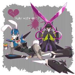  2girls airachnid_(transformers_prime) arcee autobot bunny_ears bunnysuit carrot fishnets mecha_girl multiple_girls paint scissors transformers transformers_prime 