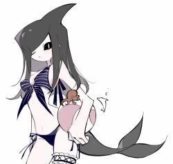  alternate_hair_length_(longer) armpit_peek ball bare_shoulders beachball bikini black_sclera blue_ribbon breasts cetacean_tail chinese_commentary cleavage closed_mouth colored_sclera colored_skin commentary_request dolphi_(funamusea) dolphin_fin dolphin_girl female fins fish_tail frilled_thigh_strap funamusea grey_hair head_fins holding holding_ball holding_beachball long_hair looking_at_viewer medium_breasts navel one_eye_closed oounabara_to_wadanohara ribbon simple_background solo squid striped_bikini striped_clothes swimsuit tail thigh_strap white_background white_eyes white_skin wwwmaqima 