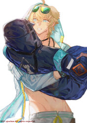  1boy 1other absurdres animal_ears arknights blonde_hair blue_eyes carrying carrying_under_arm chinese_commentary commentary_request diao_bu_landuo doctor_(arknights) eyewear_on_head highres holding male_focus open_clothes open_mouth other_with_male simple_background tequila_(arknights) topless_male white_background 