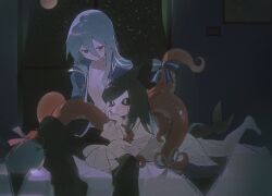  1boy barefoot bed black_bow black_hair black_pants black_sclera blue_eyes blue_hair blue_jacket bow colored_sclera colored_skin curtains dolphi_(funamusea) dolphin_fin dolphin_girl expressionless female fins fukami_(funamusea) funamusea hair_between_eyes head_fins indoors jacket jitome looking_at_another lying night nightgown octopus_boy on_bed oounabara_to_wadanohara open_clothes open_jacket painting_(object) pants sitting sky star_(sky) starry_sky straight topless_male white_eyes white_nightgown white_skin window wwwmaqima 