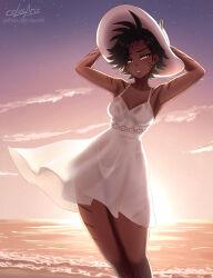 2025 animal_ears arms_up beach black_hair breasts cat_ears cat_girl commentary cslucaris dress earrings english_commentary female hat highres jewelry medium_breasts outdoors panties panties_visible_through_clothes rwby see-through_clothes short_hair sienna_khan solo sunset underwear white_panties 