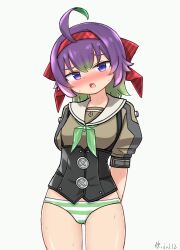  absurdres ahoge commentary_request corset female gradient_hair green_hair hairband highres ikuzu_nizyuni kantai_collection kiri_(kancolle) large_buttons looking_at_viewer multicolored_hair panties purple_eyes purple_hair red_hairband sailor_collar sailor_shirt shirt short_hair solo striped_clothes striped_panties textless_version underwear 