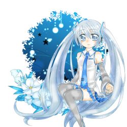  alternate_hair_color bad_id bad_pixiv_id blue_hair detached_sleeves female flower hatsune_miku highres long_hair necktie skirt smile solo sorakase_sawa thighhighs twintails very_long_hair vocaloid yuki_miku yuki_miku_(2010) 