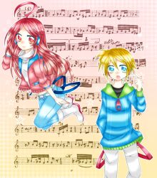  1boy bad_id bad_pixiv_id blonde_hair blue_eyes commentary_request female highres kagamine_len long_hair musical_note red_eyes red_hair sf-a2_miki short_hair sorakase_sawa vocaloid 