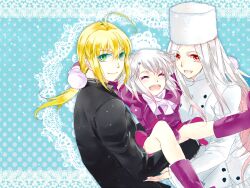  3girls ^_^ artoria_pendragon_(fate) blonde_hair boots closed_eyes coat commentary_request fate/zero fate_(series) formal green_eyes hat holding illyasviel_von_einzbern irisviel_von_einzbern long_hair mittens mother_and_daughter multiple_girls ponytail purple_footwear red_eyes saber_(fate) suit tsuna2727 white_hair 