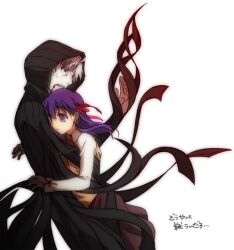  1boy alter_servant bad_id bad_pixiv_id blood blood_on_face cosplay dark_persona dark_sakura dark_sakura_(cosplay) fate/stay_night fate/zero fate_(series) female homurahara_academy_school_uniform hood hoodie matou_kariya matou_sakura nakamura_kuzuyu outstretched_hand purple_eyes purple_hair school_uniform short_hair time_paradox uncle_and_niece white_hair 