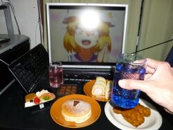  1boy 2d_dating artist_self-insert bad_id bad_pixiv_id blonde_hair cake cheesecake chicken_(food) computer_keyboard cup female food fried_chicken glint highres kitsunetsuki_itsuki lonely monitor open_mouth otaku photo_(medium) plate swiss_roll touhou yakumo_ran 