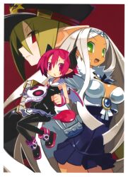  3girls bat_wings black_hat black_legwear book circlet demon_girl demon_tail demon_wings disgaea green_eyes hand_on_own_hip harada_takehito hat horns long_hair makai_senki_disgaea_3 multiple_girls official_art open_mouth pantyhose pink_wrist_cuffs pointy_ears profile raspberyl red_eyes sailor_collar salvatore_(disgaea) sapphire_rhodonite school_uniform serafuku skirt sleeveless star-shaped_pupils star_(symbol) symbol-shaped_pupils symbol_in_eye tail tan very_long_hair white_sailor_collar wings wrist_cuffs wristband 