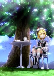  blonde_hair book boots chair cloud commentary_request crescent cup day female hat highres kazetto light_rays lunasa_prismriver mountain photoshop_(medium) short_hair sitting sky smile solo sunbeam sunlight teacup teapot touhou tree yellow_eyes 