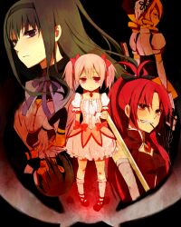  5girls akemi_homura akemi_homura_(magical_girl) bad_id bad_pixiv_id black_hair blonde_hair drill_hair food gun hair_ribbon hat kaname_madoka kaname_madoka_(magical_girl) long_hair magical_girl magical_musket mahou_shoujo_madoka_magica mahou_shoujo_madoka_magica_(anime) miki_sayaka miki_sayaka_(magical_girl) multiple_girls nashieda pink_eyes pink_hair pocky red_eyes red_hair ribbon rifle sakura_kyoko sakura_kyoko_(magical_girl) short_hair smile tomoe_mami tomoe_mami_(magical_girl) upside-down weapon 